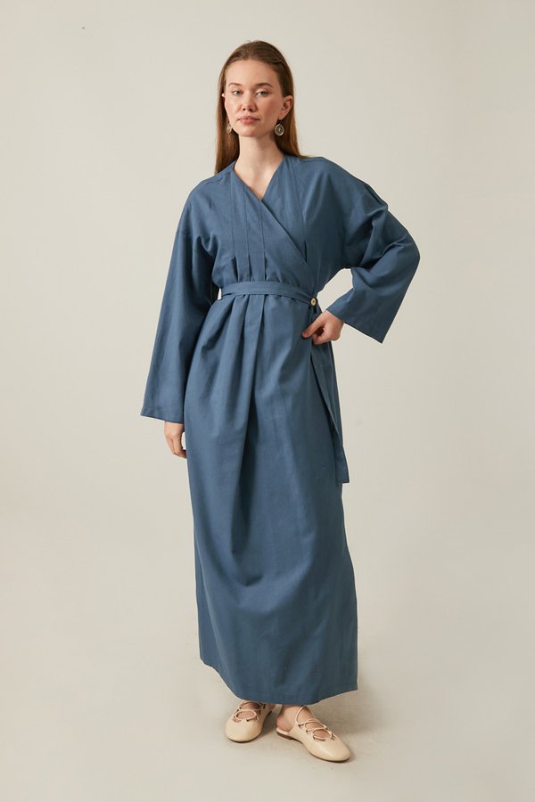 Yakası Pile Detaylı Keten Abaya İndigo - 2