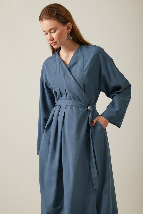 Yakası Pile Detaylı Keten Abaya İndigo - 5