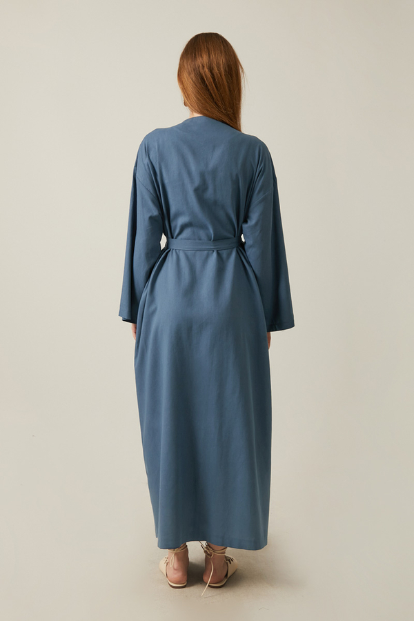 Yakası Pile Detaylı Keten Abaya İndigo - 7