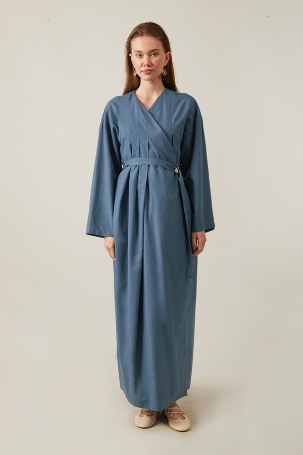 Yakası Pile Detaylı Keten Abaya İndigo - 3