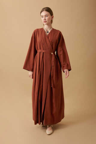 Yakası Pile Detaylı Keten Abaya Kiremit - 3