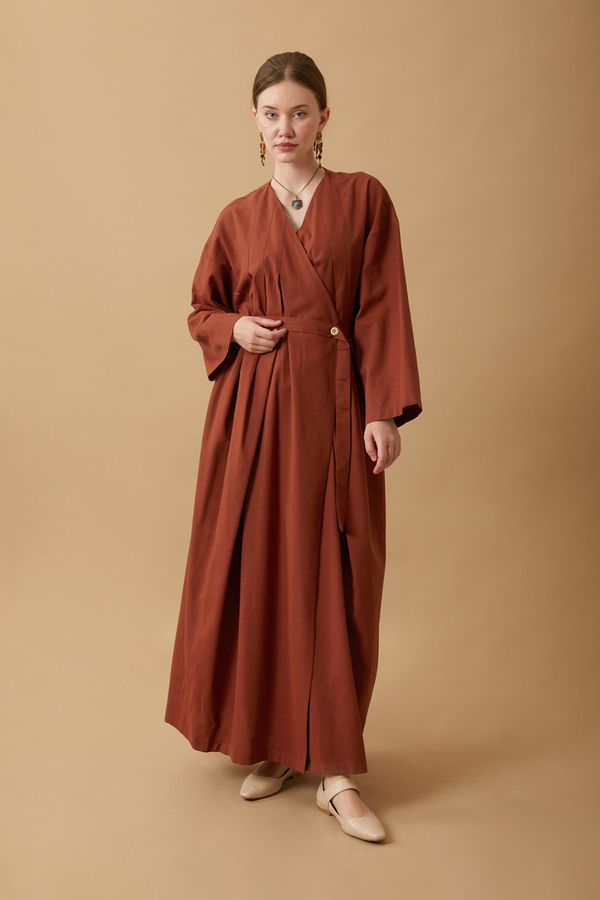 Yakası Pile Detaylı Keten Abaya Kiremit - 5