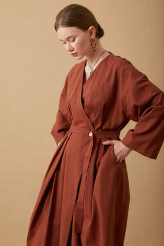 Yakası Pile Detaylı Keten Abaya Kiremit - 2
