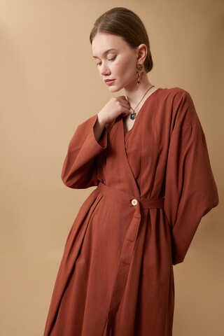 Yakası Pile Detaylı Keten Abaya Kiremit - 4