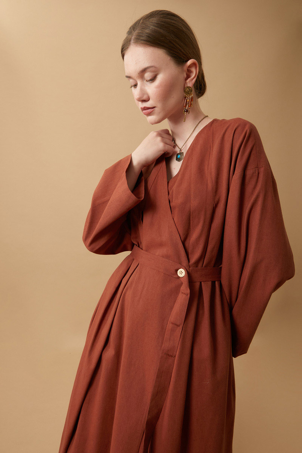 Yakası Pile Detaylı Keten Abaya Kiremit - 4