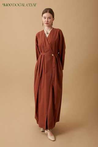 Yakası Pile Detaylı Keten Abaya Kiremit - 1
