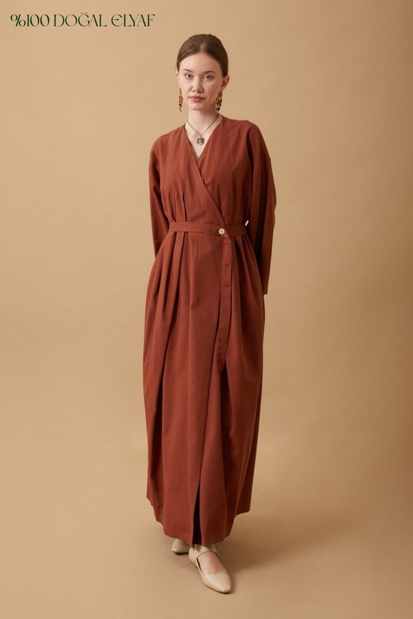 Yakası Pile Detaylı Keten Abaya Kiremit - 1