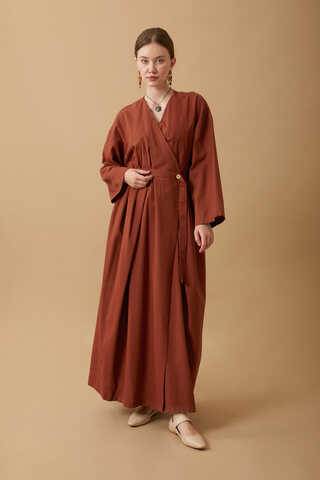 Yakası Pile Detaylı Keten Abaya Kiremit - 5