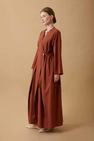 Yakası Pile Detaylı Keten Abaya Kiremit - 7