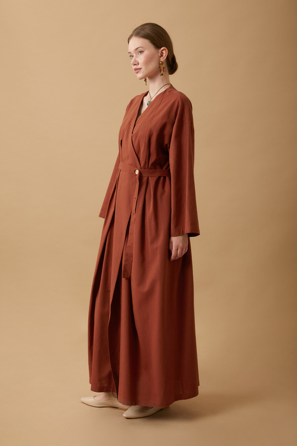 Yakası Pile Detaylı Keten Abaya Kiremit - 7