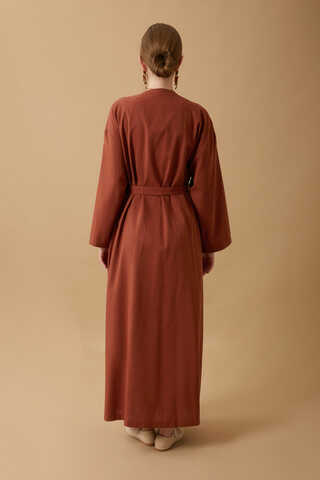 Yakası Pile Detaylı Keten Abaya Kiremit - 10