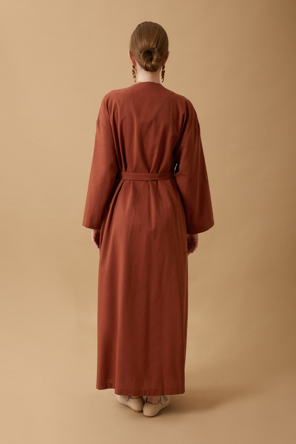 Yakası Pile Detaylı Keten Abaya Kiremit - 10