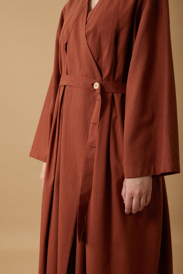 Yakası Pile Detaylı Keten Abaya Kiremit - 8