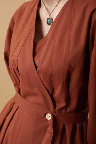 Yakası Pile Detaylı Keten Abaya Kiremit - 6