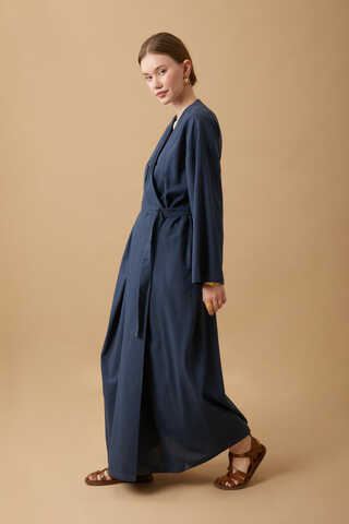 Yakası Pile Detaylı Keten Abaya Lacivert - 14