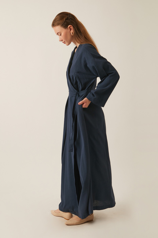 Yakası Pile Detaylı Keten Abaya Lacivert - 3