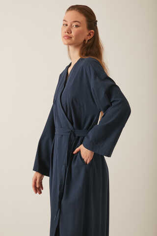 Yakası Pile Detaylı Keten Abaya Lacivert - 4