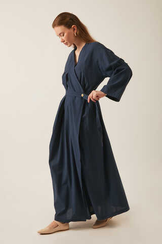 Yakası Pile Detaylı Keten Abaya Lacivert - 5