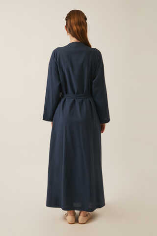Yakası Pile Detaylı Keten Abaya Lacivert - 11