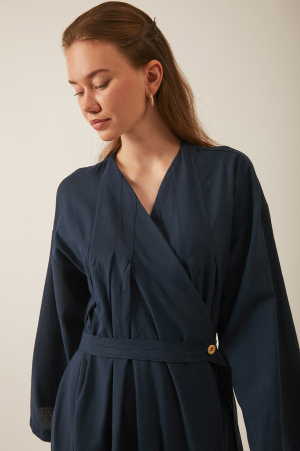Yakası Pile Detaylı Keten Abaya Lacivert - 6