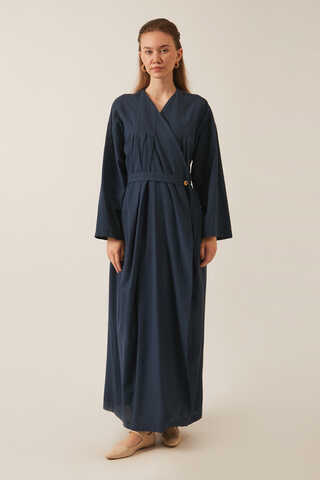 Yakası Pile Detaylı Keten Abaya Lacivert - 1