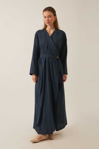 Yakası Pile Detaylı Keten Abaya Lacivert - 9
