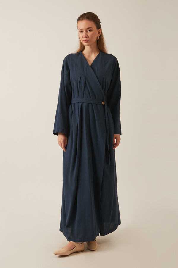 Yakası Pile Detaylı Keten Abaya Lacivert - 9