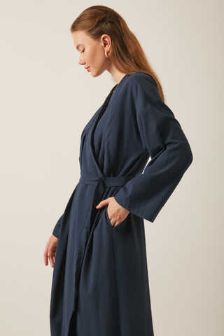 Yakası Pile Detaylı Keten Abaya Lacivert - 7