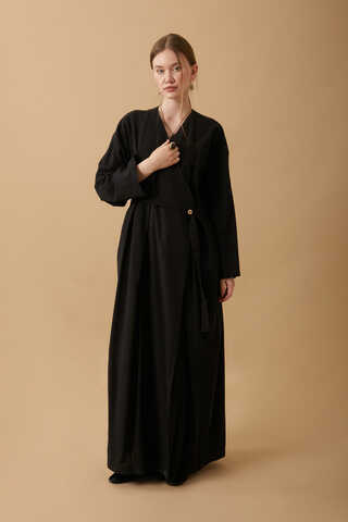 Yakası Pile Detaylı Keten Abaya Siyah - 12