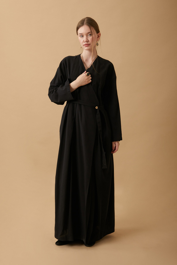 Yakası Pile Detaylı Keten Abaya Siyah - 12