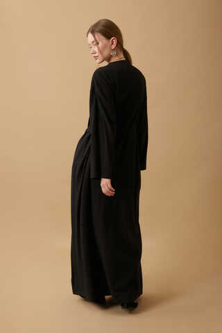 Yakası Pile Detaylı Keten Abaya Siyah - 19