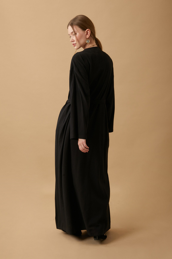 Yakası Pile Detaylı Keten Abaya Siyah - 19