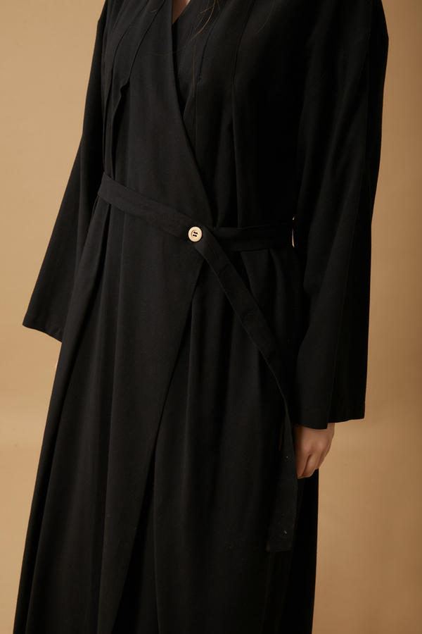 Yakası Pile Detaylı Keten Abaya Siyah - 15