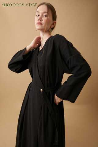 Yakası Pile Detaylı Keten Abaya Siyah - 11