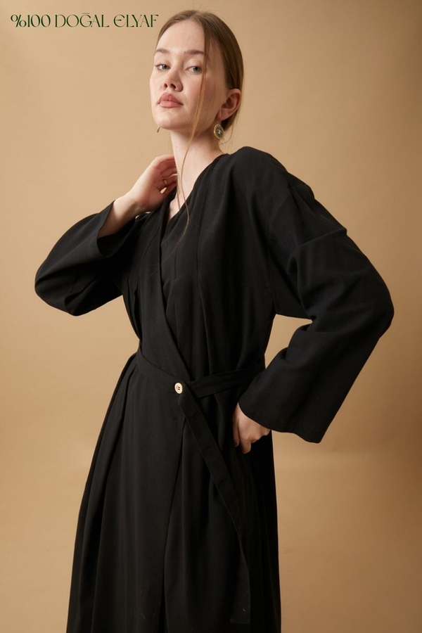 Yakası Pile Detaylı Keten Abaya Siyah - 11