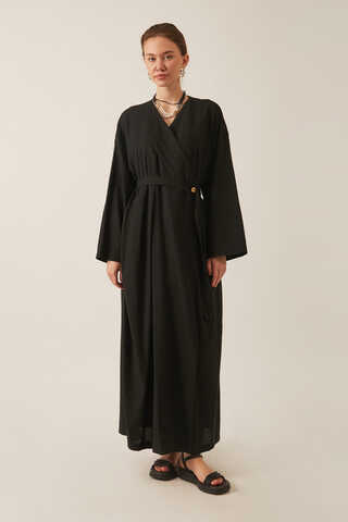Yakası Pile Detaylı Keten Abaya Siyah - 8