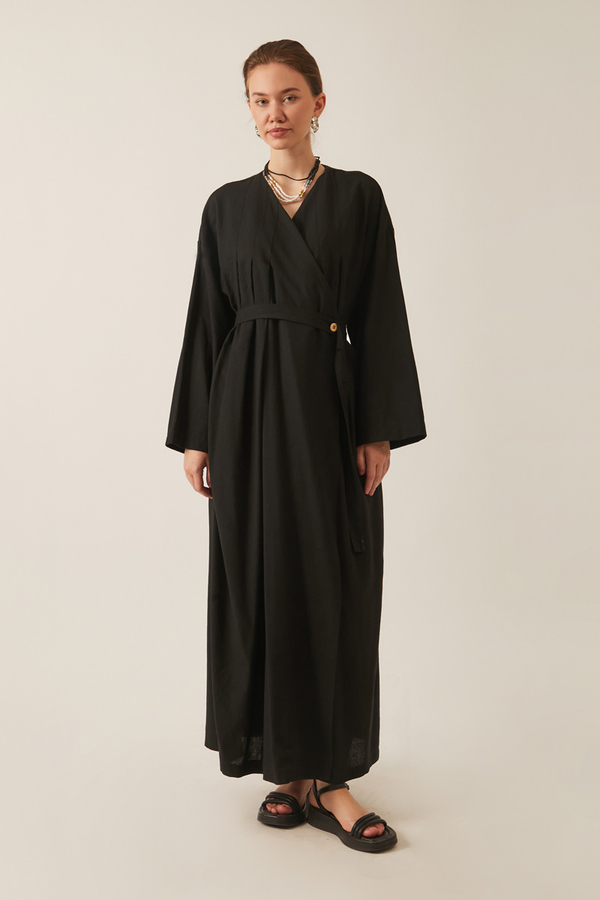 Yakası Pile Detaylı Keten Abaya Siyah - 8