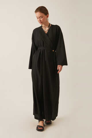 Yakası Pile Detaylı Keten Abaya Siyah - 3