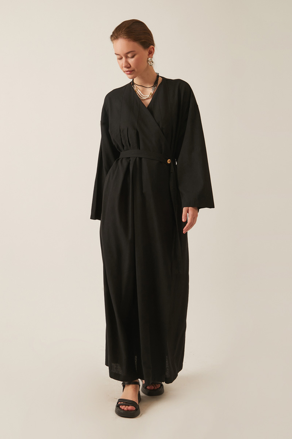 Yakası Pile Detaylı Keten Abaya Siyah - 3