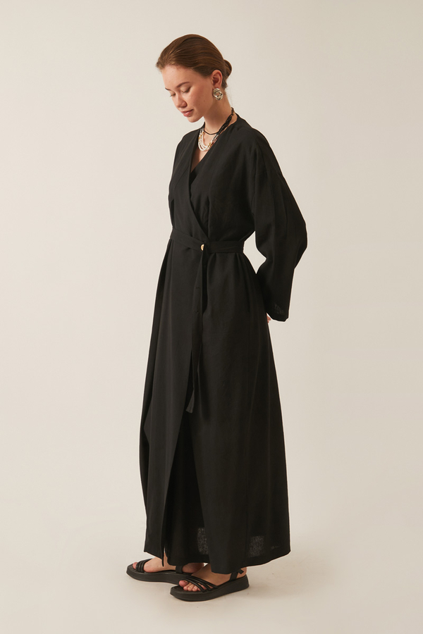 Yakası Pile Detaylı Keten Abaya Siyah - 2