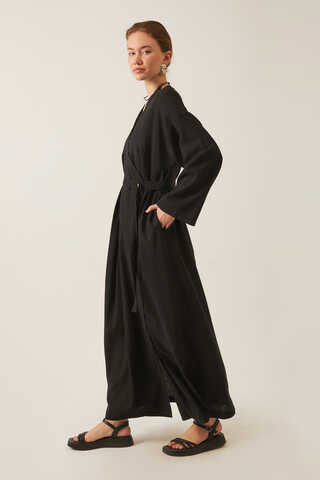 Yakası Pile Detaylı Keten Abaya Siyah - 6
