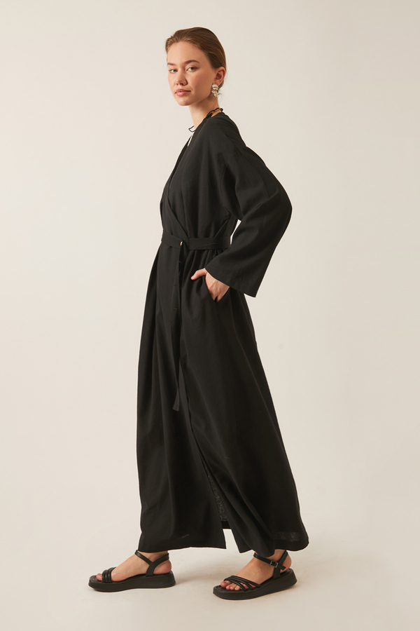 Yakası Pile Detaylı Keten Abaya Siyah - 6