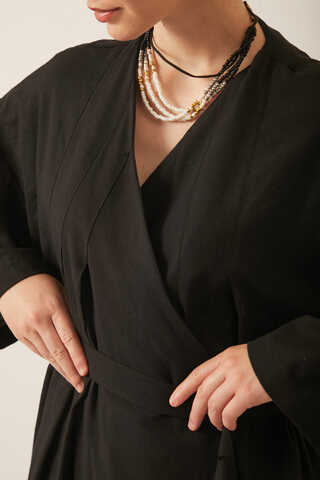 Yakası Pile Detaylı Keten Abaya Siyah - 7