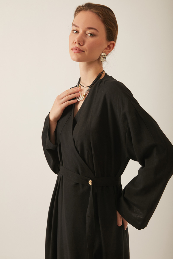 Yakası Pile Detaylı Keten Abaya Siyah - 1