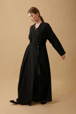Yakası Pile Detaylı Keten Abaya Siyah - 13