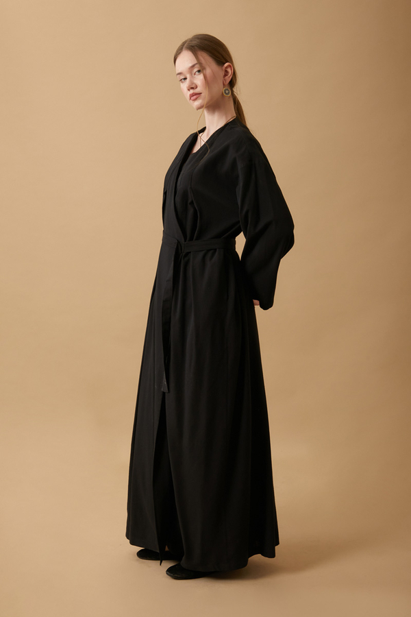 Yakası Pile Detaylı Keten Abaya Siyah - 14
