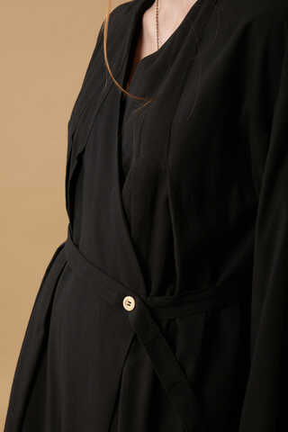 Yakası Pile Detaylı Keten Abaya Siyah - 16