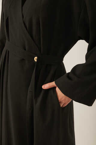 Yakası Pile Detaylı Keten Abaya Siyah - 4