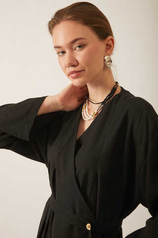 Yakası Pile Detaylı Keten Abaya Siyah - 9