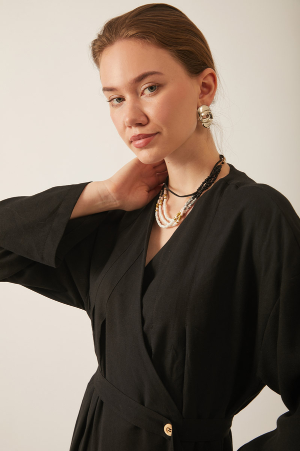 Yakası Pile Detaylı Keten Abaya Siyah - 9
